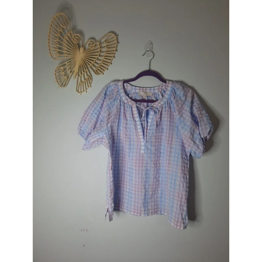 LOFT Gingham Puff Sleeve Blouse Blue Purple Pastel Plaid Top NWT Size M